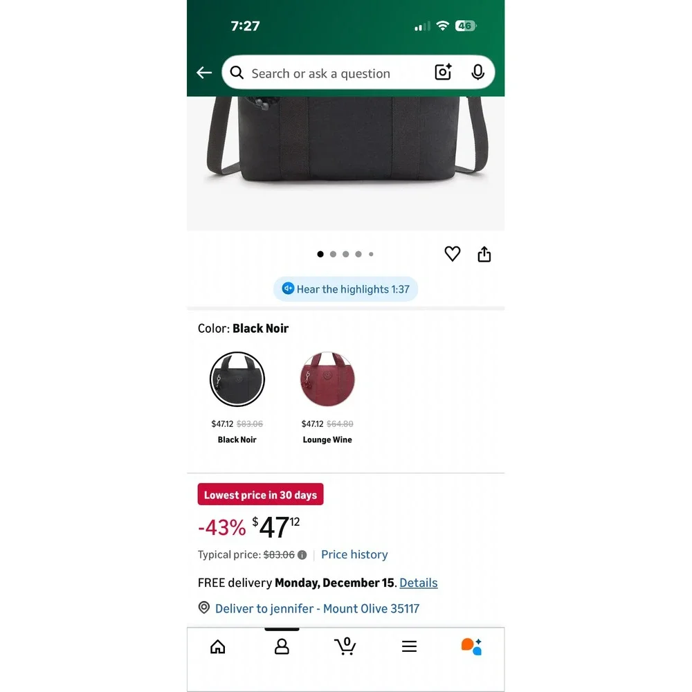 kipling‎ black tote bag with ape charm NWT